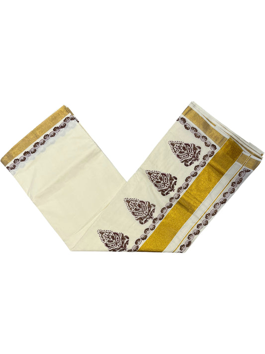 Southloom Cotton Kerala Kasavu Saree with Brown and Maroon Block Prints On Border