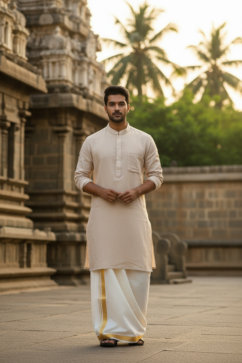Southloom Semi Silk Short Kurta for Men in Beige Colour