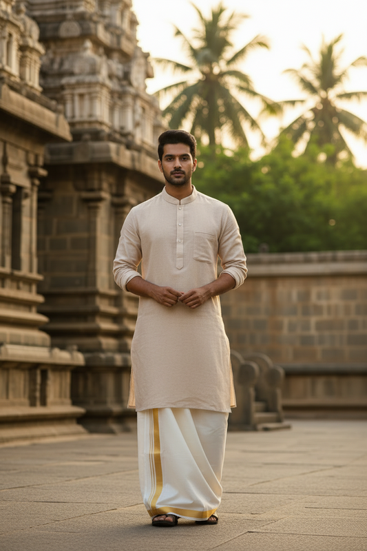 Southloom Semi Silk Short Kurta for Men in Peach Colour