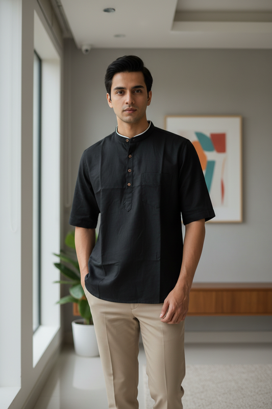 Southloom Black Short Cotton Kurta Shirt for Men