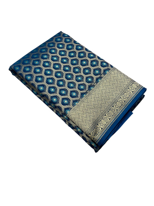 Southloom Cotton Banarasi Silk Saree with Woven Work on Body and Borders (Blue)