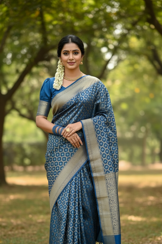 Southloom Cotton Banarasi Silk Saree with Woven Work on Body and Borders (Blue)