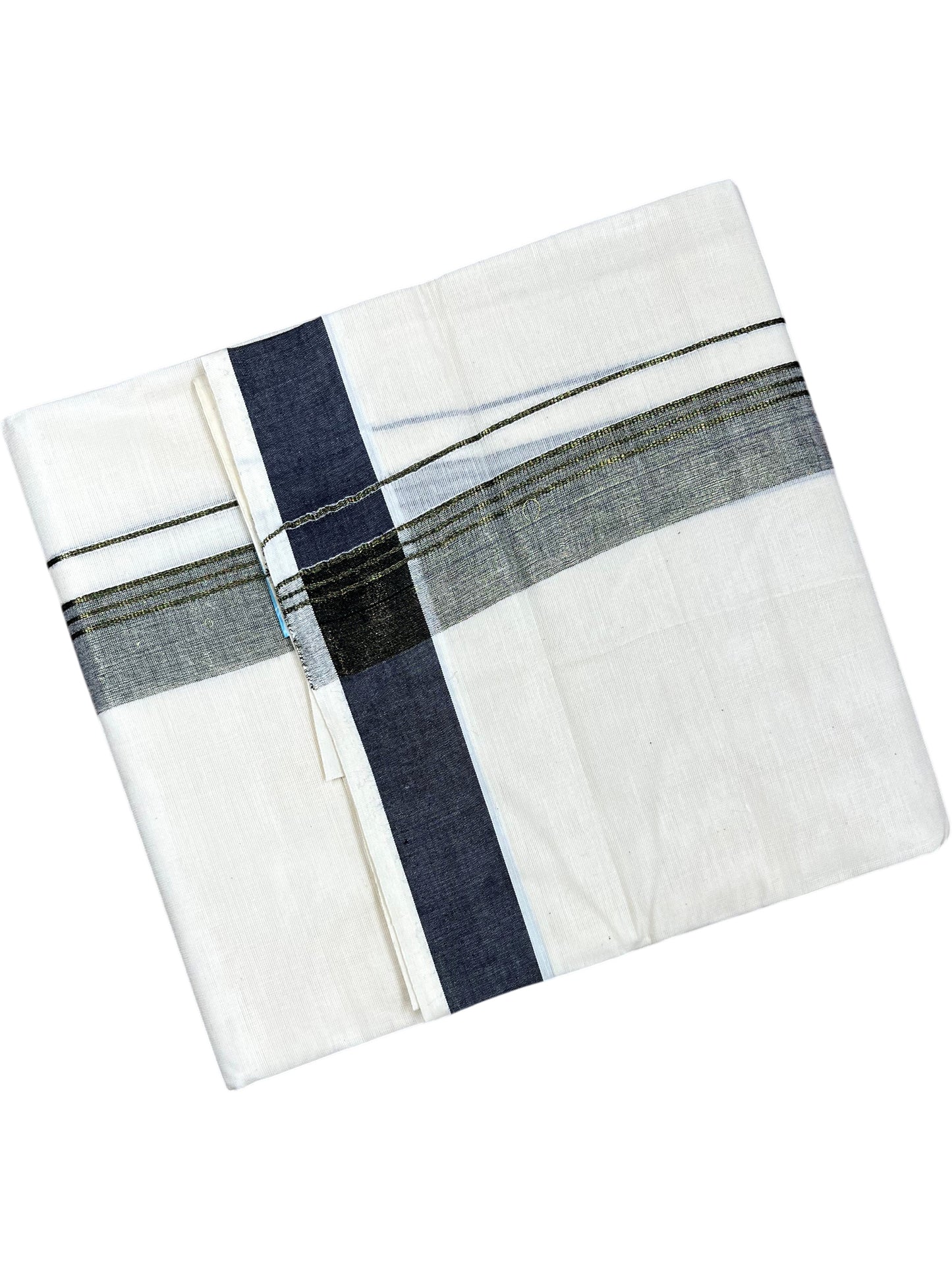 Southloom Kerala Pure Cotton Double Mundu with Black and Olive Green Border (South Indian Dhoti)