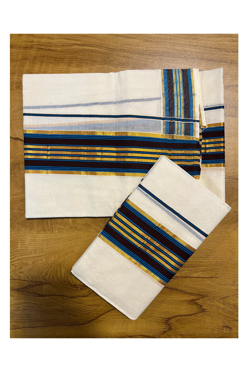 Kerala Cotton Kasavu Set Mundu (Mundum Neriyathum) with Blue and Brown Border