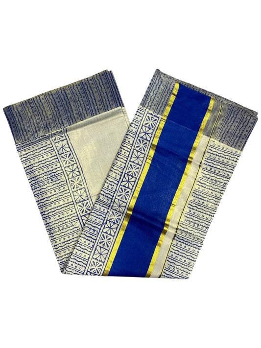 Southloom Tissue Kerala Kasavu Saree with Block Print on Body and Borders in Blue
