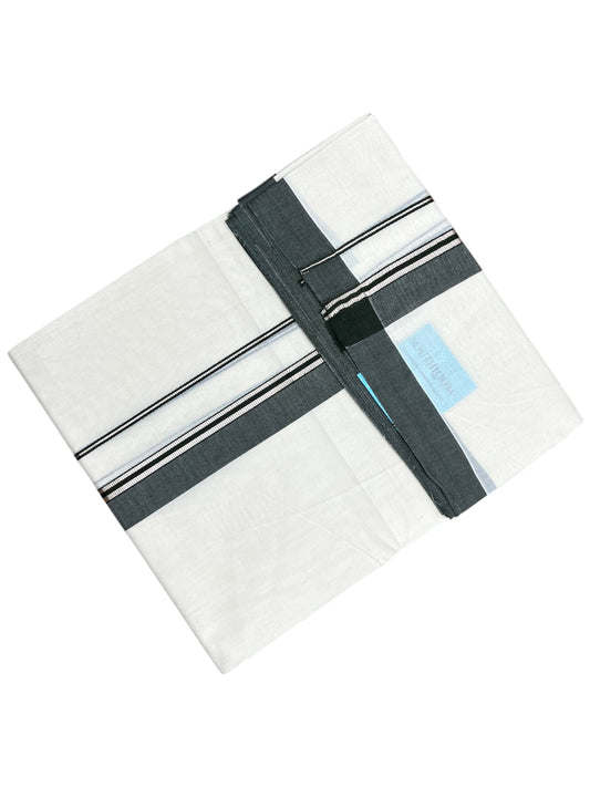 Southloom Pure Cotton Mundu with Silver Lines and Dark Green Border (South Indian Kerala Dhoti)