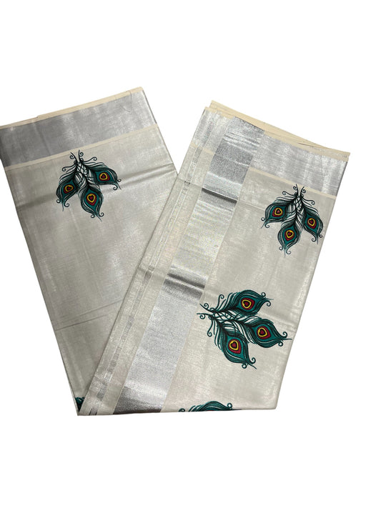 Southloom Kerala Tissue Silver Kasavu Saree with Peacock Feather Mural Print Across Body