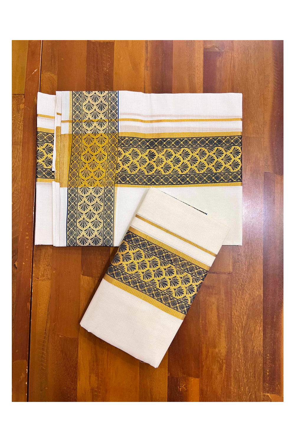 Kerala Pure Cotton Set Mundu Single (Mundum Neriyathum) with Blue Block Prints on Kasavu Border (Onam 2024 Collection)