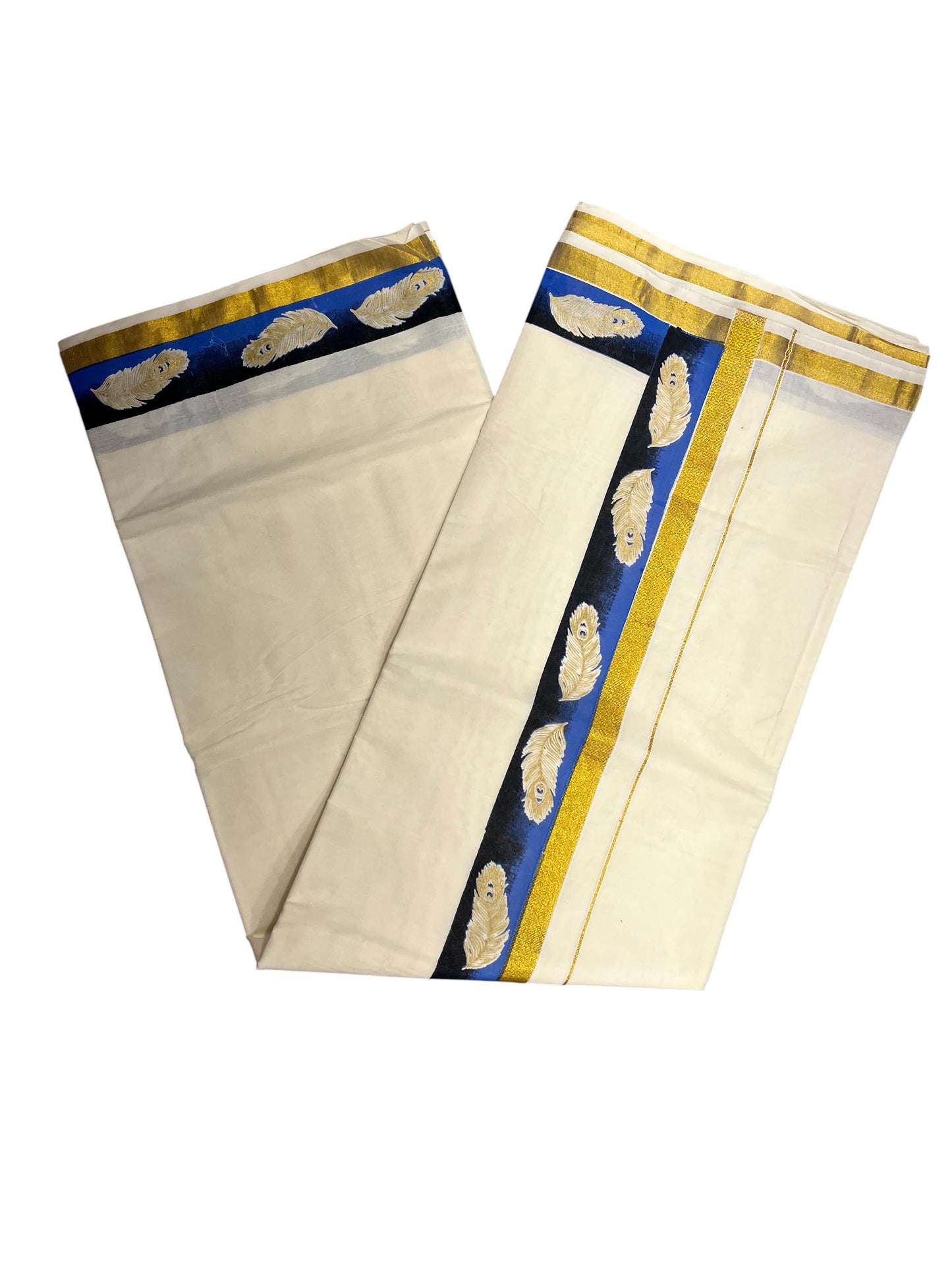 Southloom Cotton Kerala Kasavu Saree with Blue and Black  Hand Painted