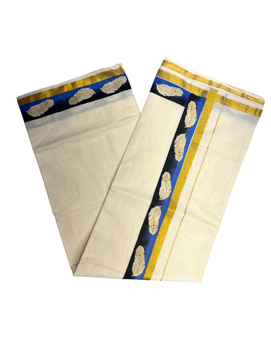 Southloom Cotton Kerala Kasavu Saree with Blue and Black  Hand Painted
