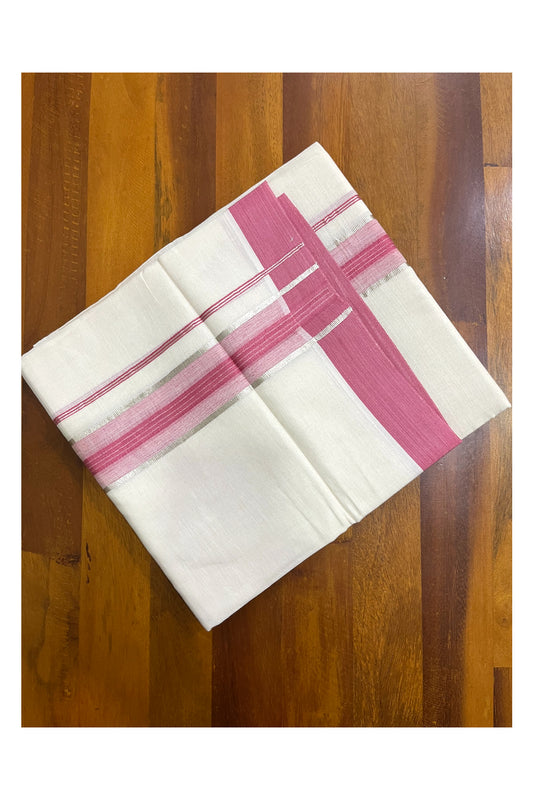 Kerala Pure Cotton Double Mundu with Pink and Silver Kasavu Border (South Indian Kerala Dhoti)