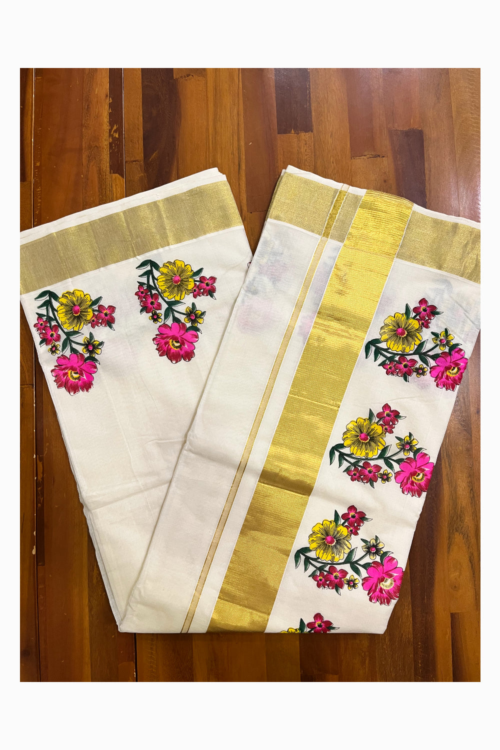 Pure Cotton Kerala Kasavu Saree with Magenta Floral Block Prints with Kasavu Border (Vishu 2024 Collection)