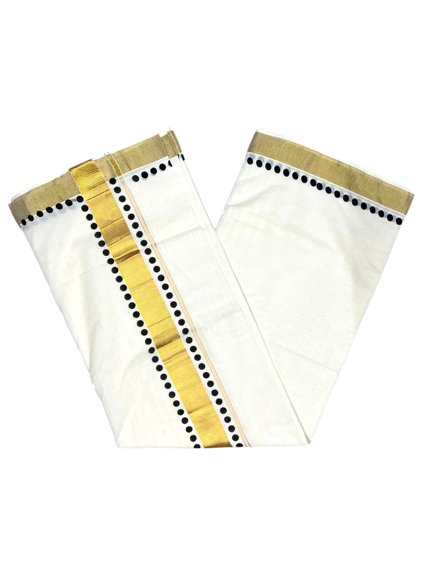 Southloom Cotton Kerala Kasavu Saree with Black Polk Dots Design Border