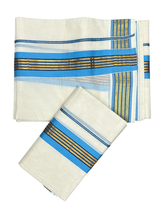 Kerala Cotton Kasavu  Set Mundu (Mundum Neriyathum) with Black and Gold Lines Blue Border(2.80)