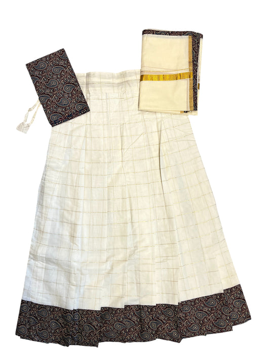 Southloom Semi Stitched Cotton  Dhavani Set with Pavada and Ajrakh Blouse Piece