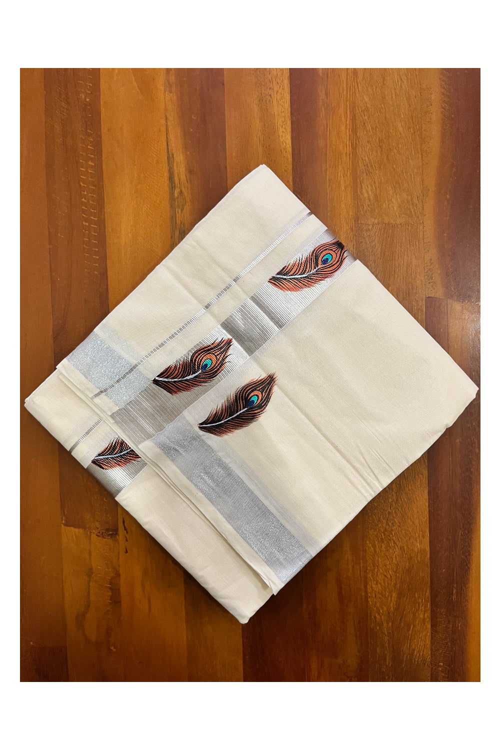 Pure Cotton Kerala Double Mundu with Silver Kasavu Hand Painted Design Border (South Indian Kerala Dhoti)