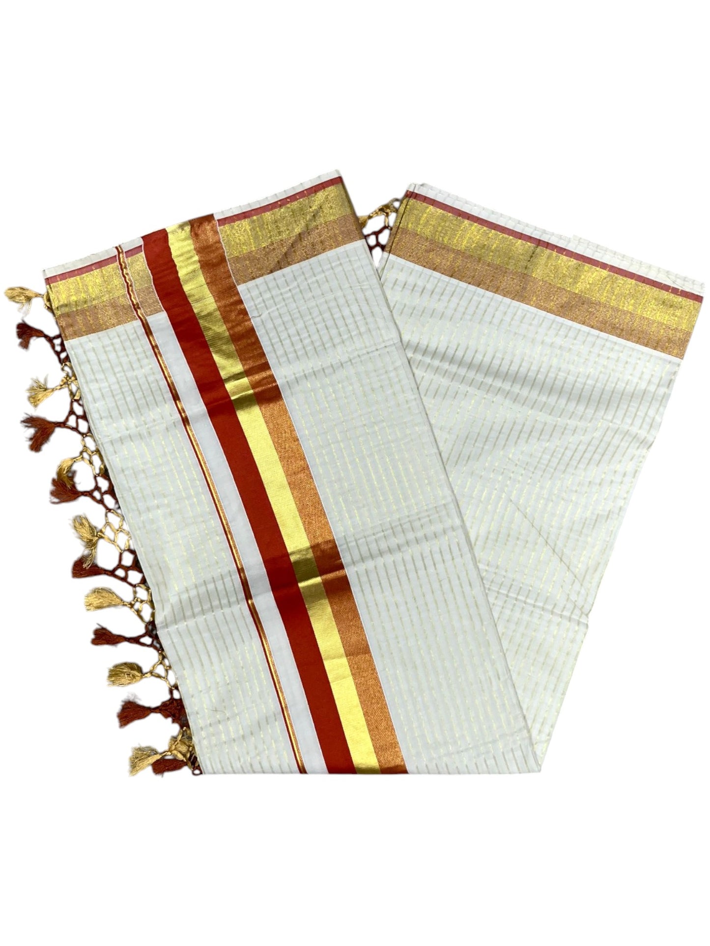 Southloom Pure Cotton Kerala Saree with Gold Kasavu Lines Across Body and Orange Border