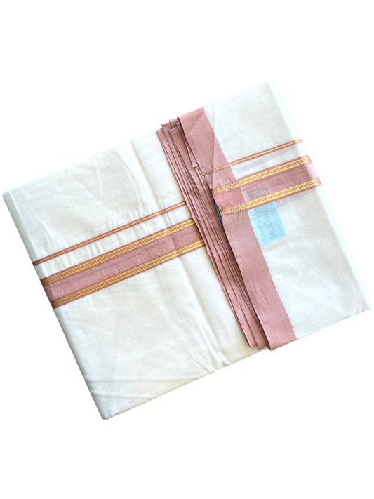 Southloom Pure Cotton Mundu with Golden Lines and Peach Border (South Indian Kerala Dhoti)