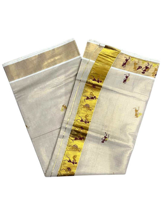 Southloom Kerala Tissue Kasavu Saree with Tribal Folk Art Embroidery Work on Body