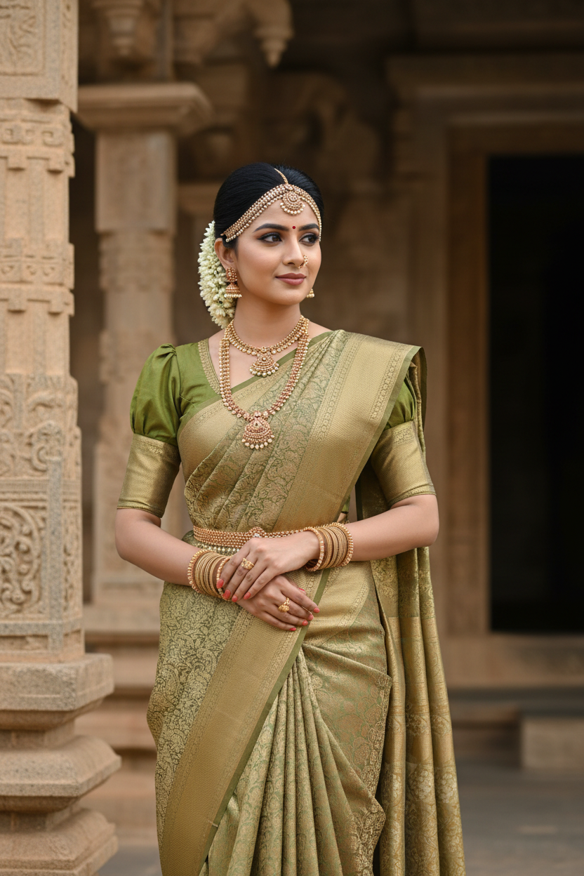 Southloom Premium Semi Silk Zari Work Brocade Saree in Bridal Green with Matching Pallu