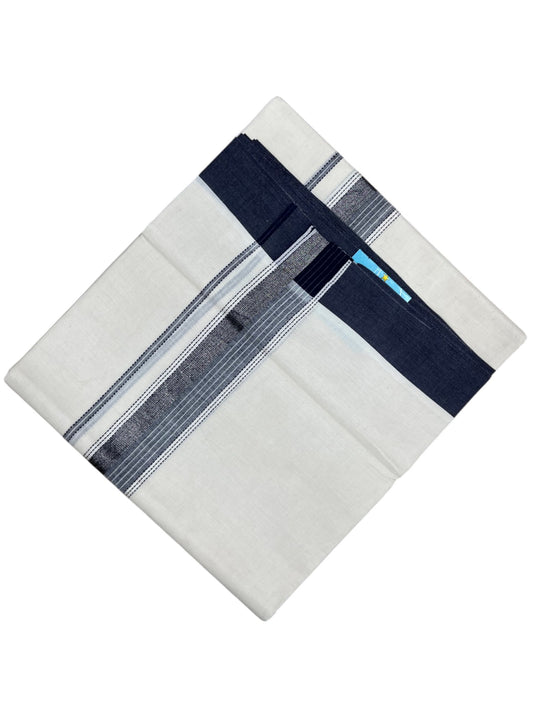 Southloom Kerala Pure Cotton Double Mundu with Silver Lines and Blue and Grey Border with (South Indian Dhoti)