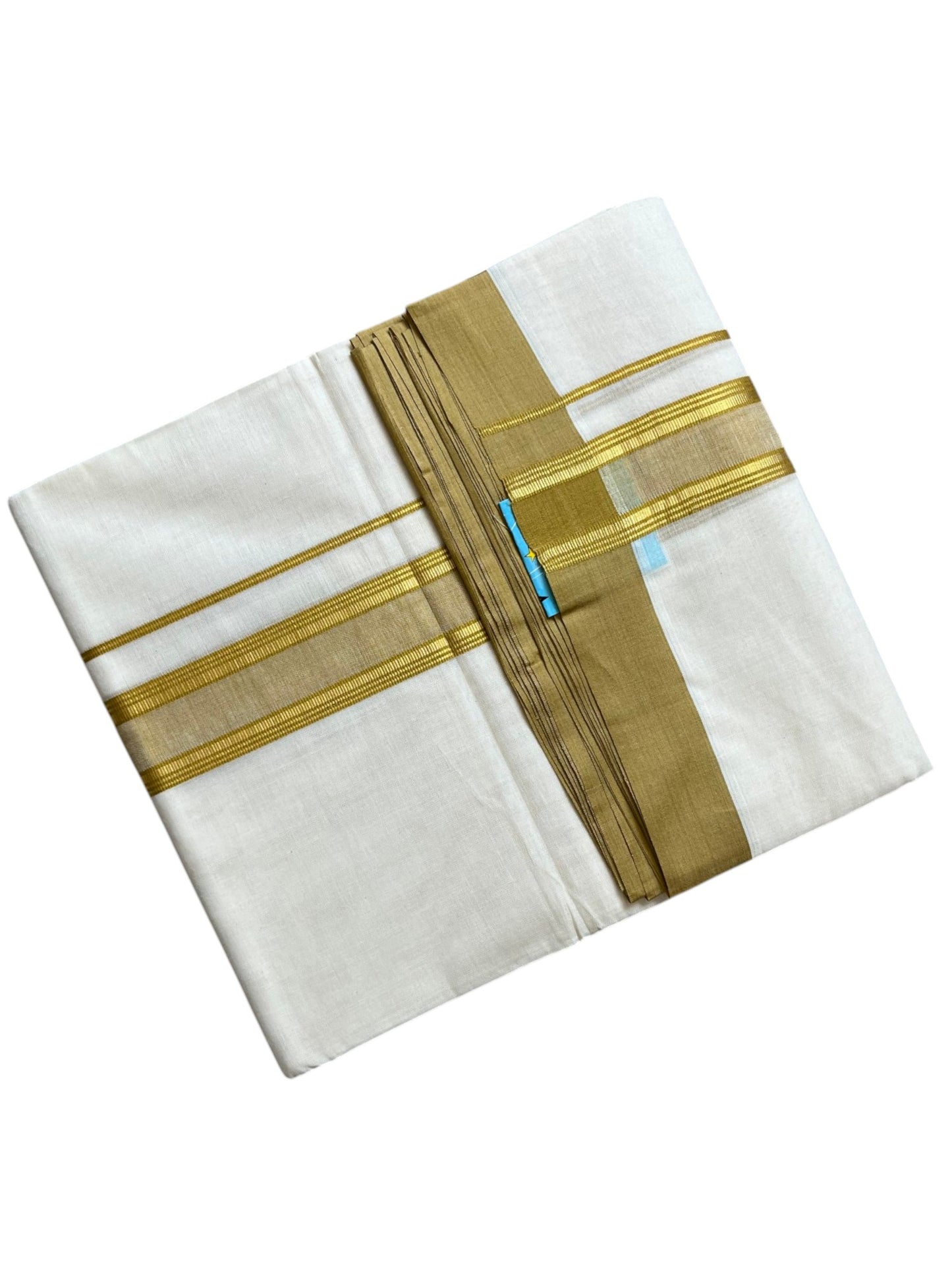 Southloom Pure Cotton Mundu with Golden Lines and Olive Green Border (South Indian Kerala Dhoti)