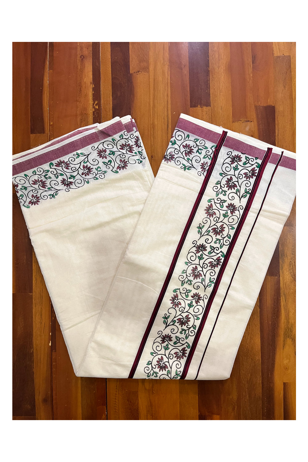 Pure Cotton Kerala Saree with Floral Block Prints and Maroon Border