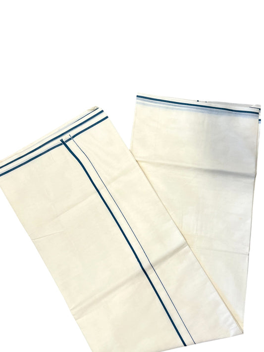 Southloom Kerala Cotton Plain Saree with Blue Puliyilakkara Border