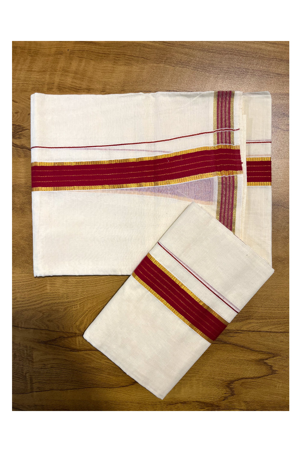 Kerala Cotton Mundum Neriyathum Single (Set Mundu) with Maroon and Kasavu Border