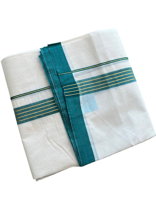 Southloom Pure Cotton Mundu with Golden Lines and Peacock Green Border (South Indian Kerala Dhoti)