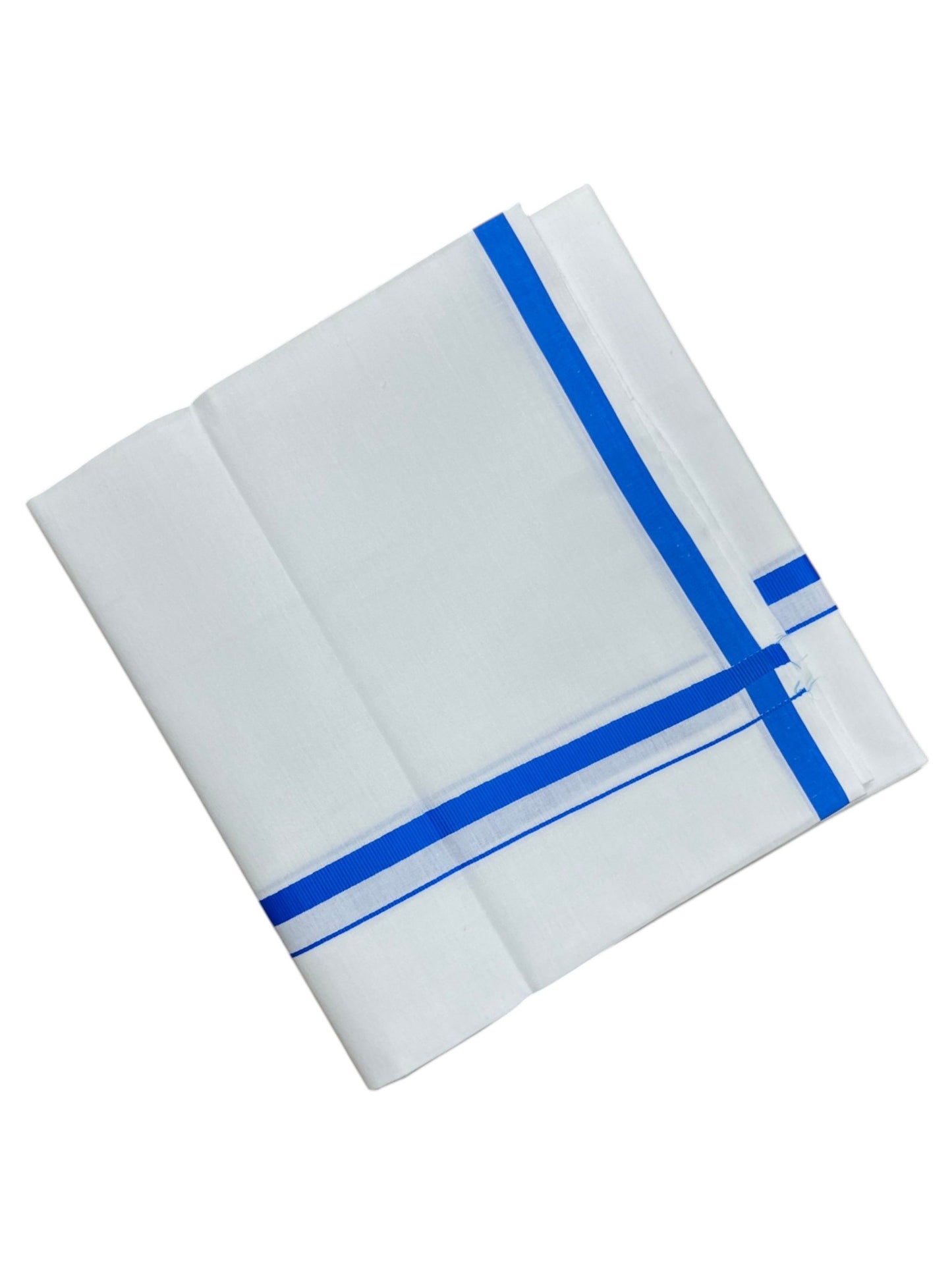 Southloom Pure White Cotton Single Mundu with Blue Border (South Indian Kerala Dhoti)