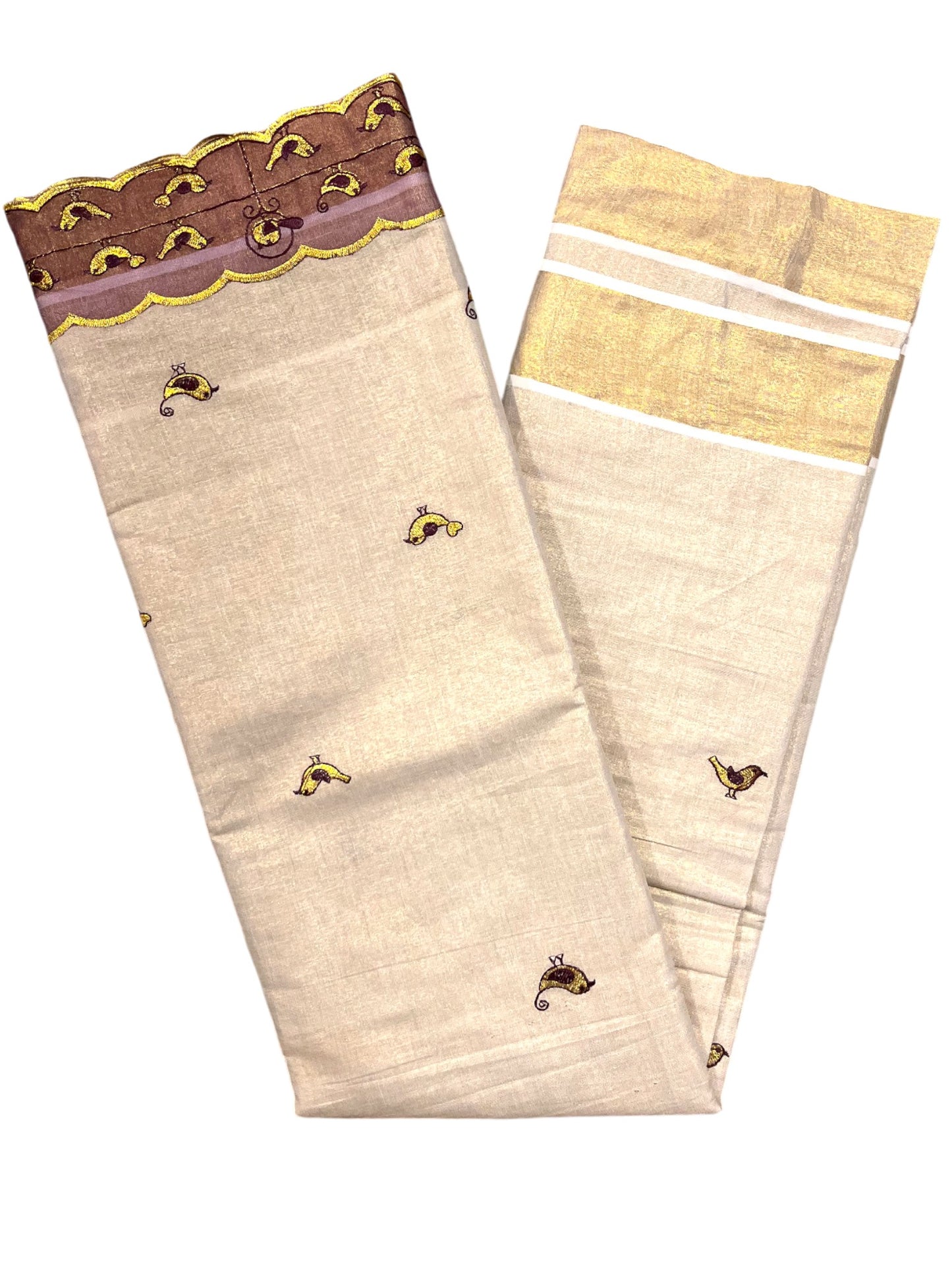 Southloom Tissue Kerala Kasavu Saree with Embroidery Design