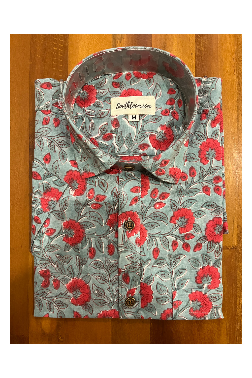 Southloom Jaipur Cotton Ash Blue Hand Block Printed Shirt (Half Sleeves)