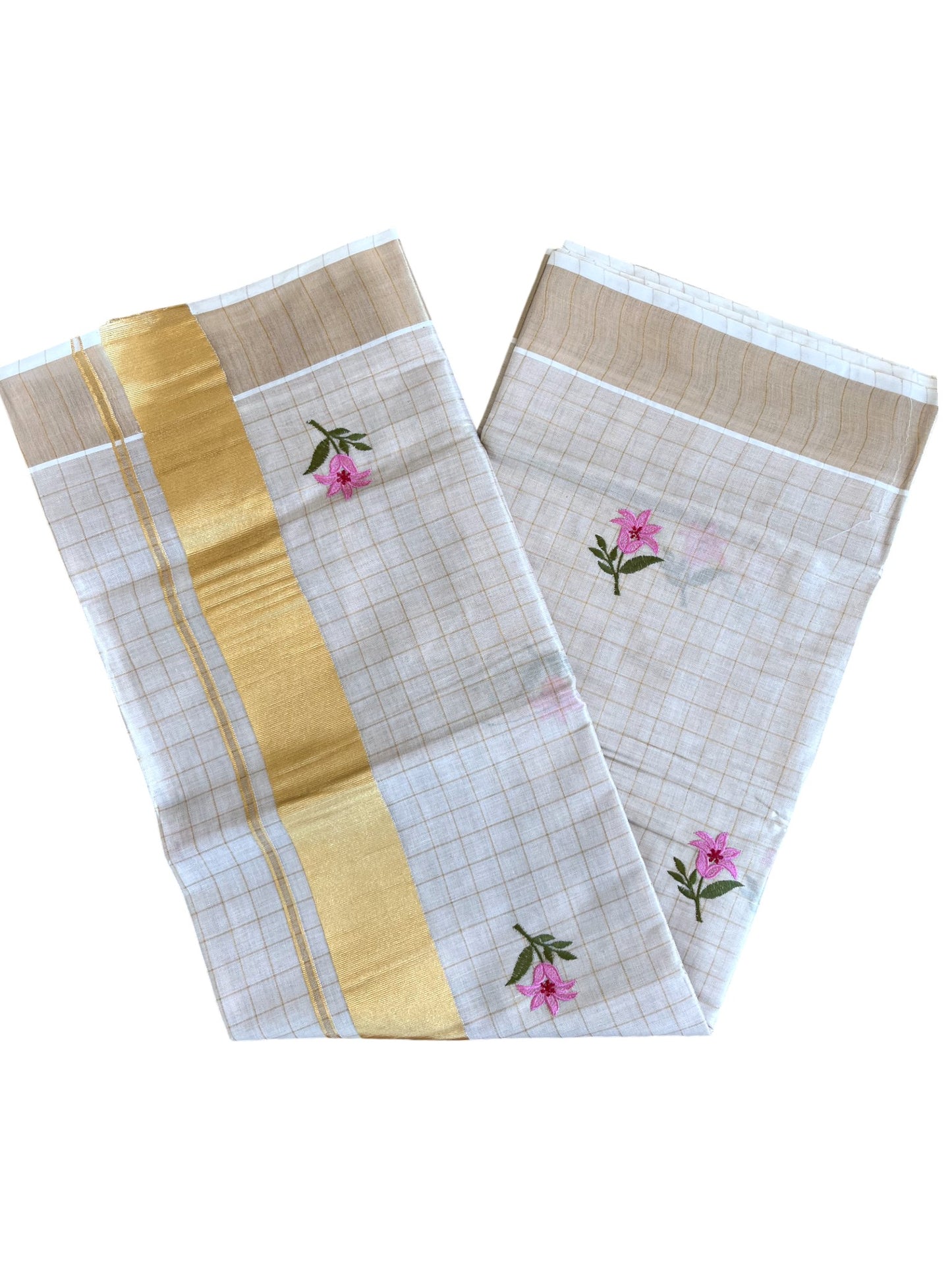 Southloom Kerala Tissue Kasavu Check Saree With Floral Embroidery Work