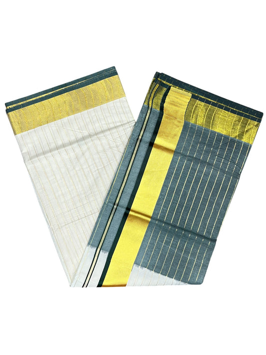 Southloom Tie and Dye Multi Colour Green Kasavu Saree With Stripes On Body