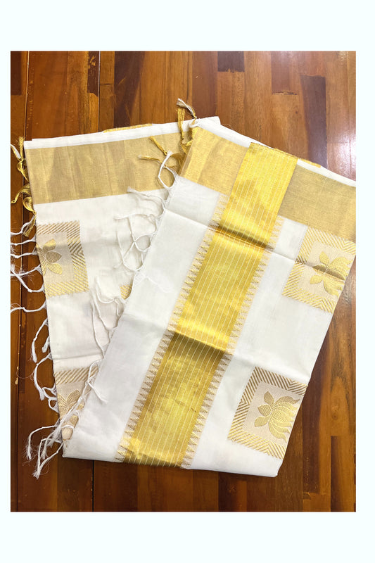 Southloom Premium Handloom Cotton Kasavu Saree with Lotus Woven Designs (Vishu 2024 Collection)