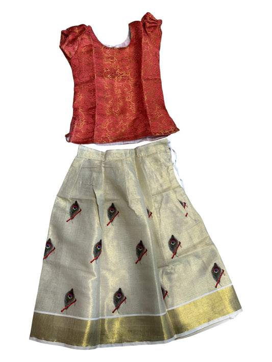 Southloom Kerala Tissue Kasavu Pavada Blouse with Embroidery Work for Kids