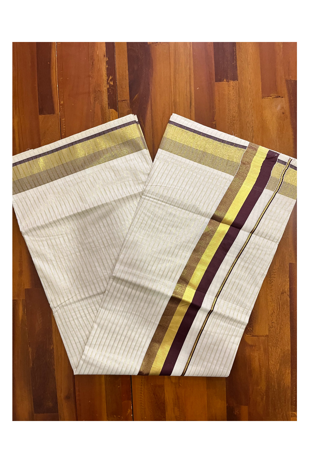 Pure Cotton Kerala Kasavu Lines Design Saree with Brown Border