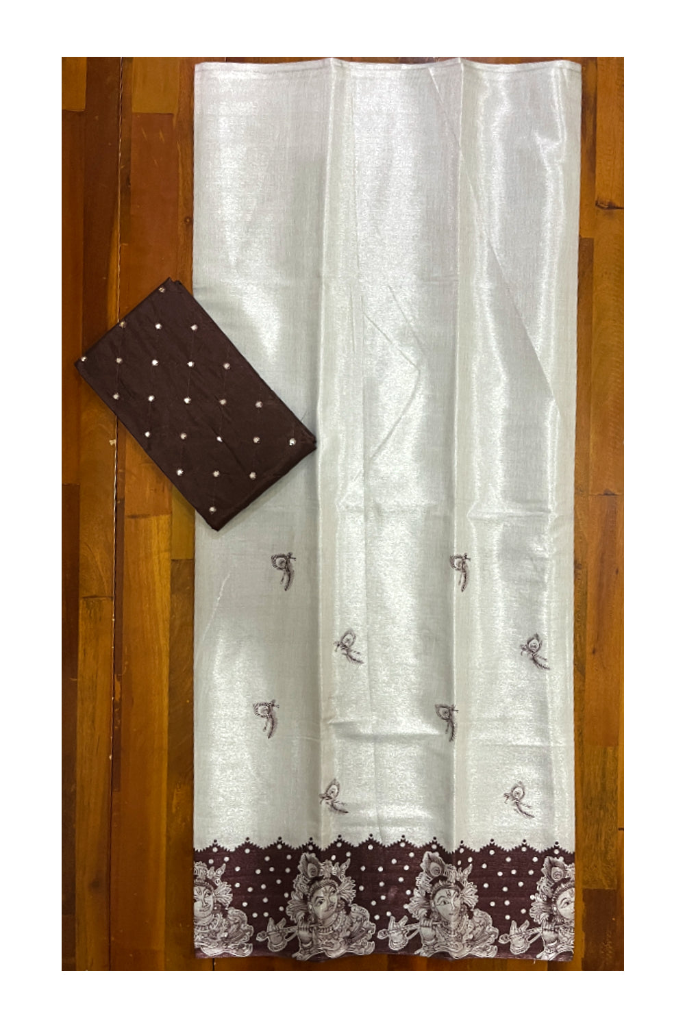 Kerala Silver Tissue Block Printed Pavada and Brown Designer Blouse Material for Kids/Girls 4.3 Meters