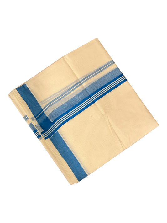 Southloom Pure Cotton Double Mundu With White Lines & Blue Border (South Indian Kerala Dhoti)