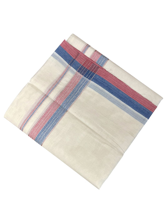 Southloom Kerala Pure Cotton Double Mundu with Pink & Blue Border (South Indian Dhoti)