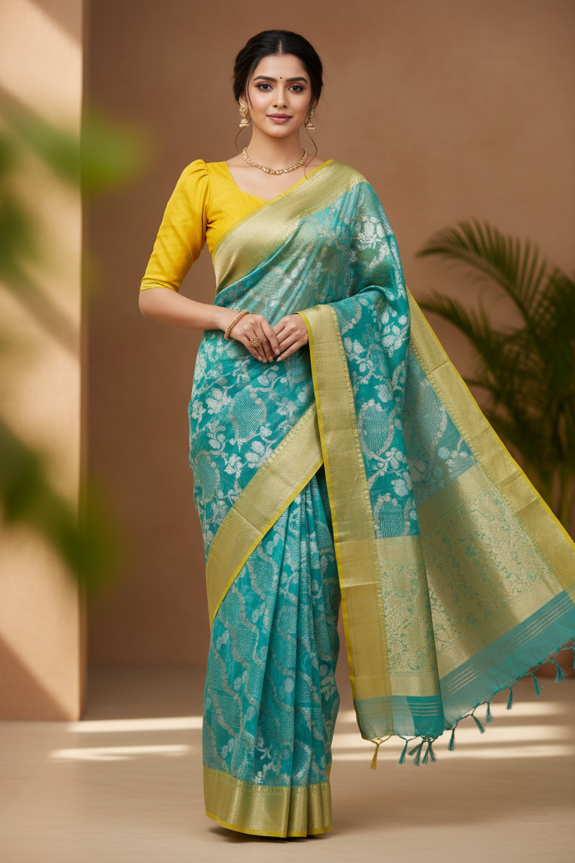 Southloom Tissue Banarasi Silk Saree with Woven Work on Body and Borders (Blue & yellow)