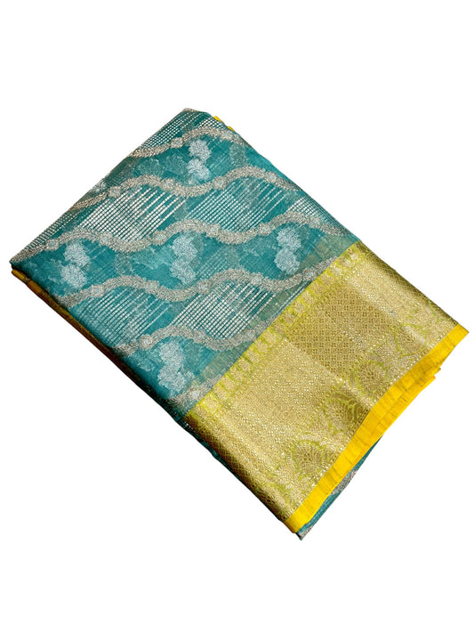 Southloom Tissue Banarasi Silk Saree with Woven Work on Body and Borders (Blue & Green)
