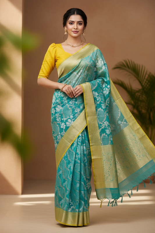 Southloom Tissue Banarasi Silk Saree with Woven Work on Body and Borders (Blue & yellow)