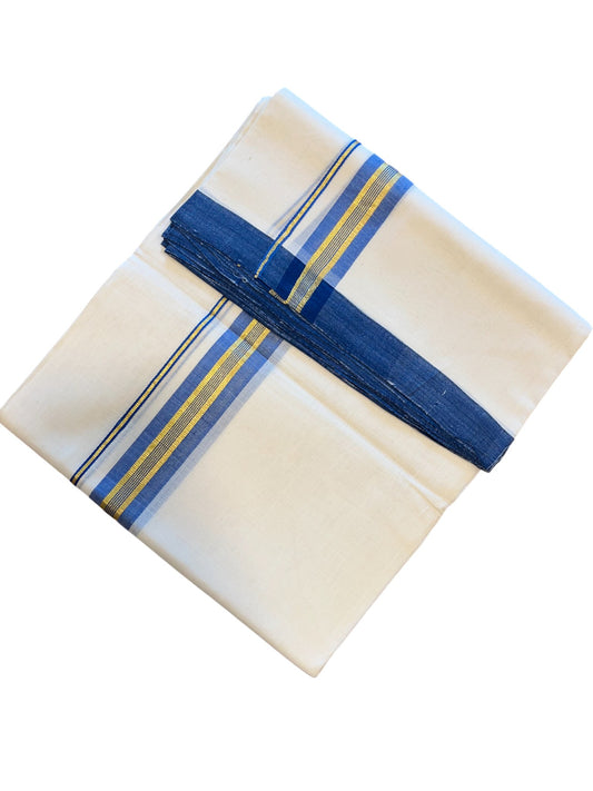 Southloom Premium Handloom Cotton Double Mundu with Gold and Blue Border