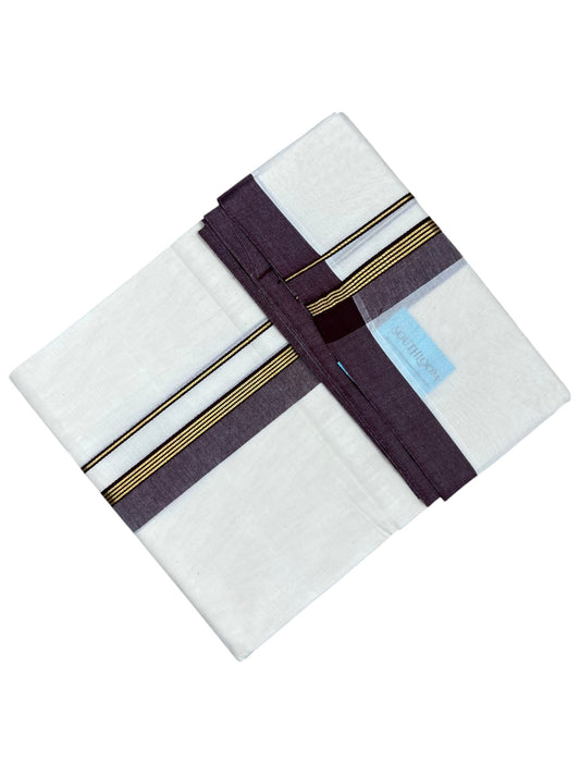 Southloom Pure Cotton Mundu with Gold Lines and Purple Border (South Indian Kerala Dhoti)