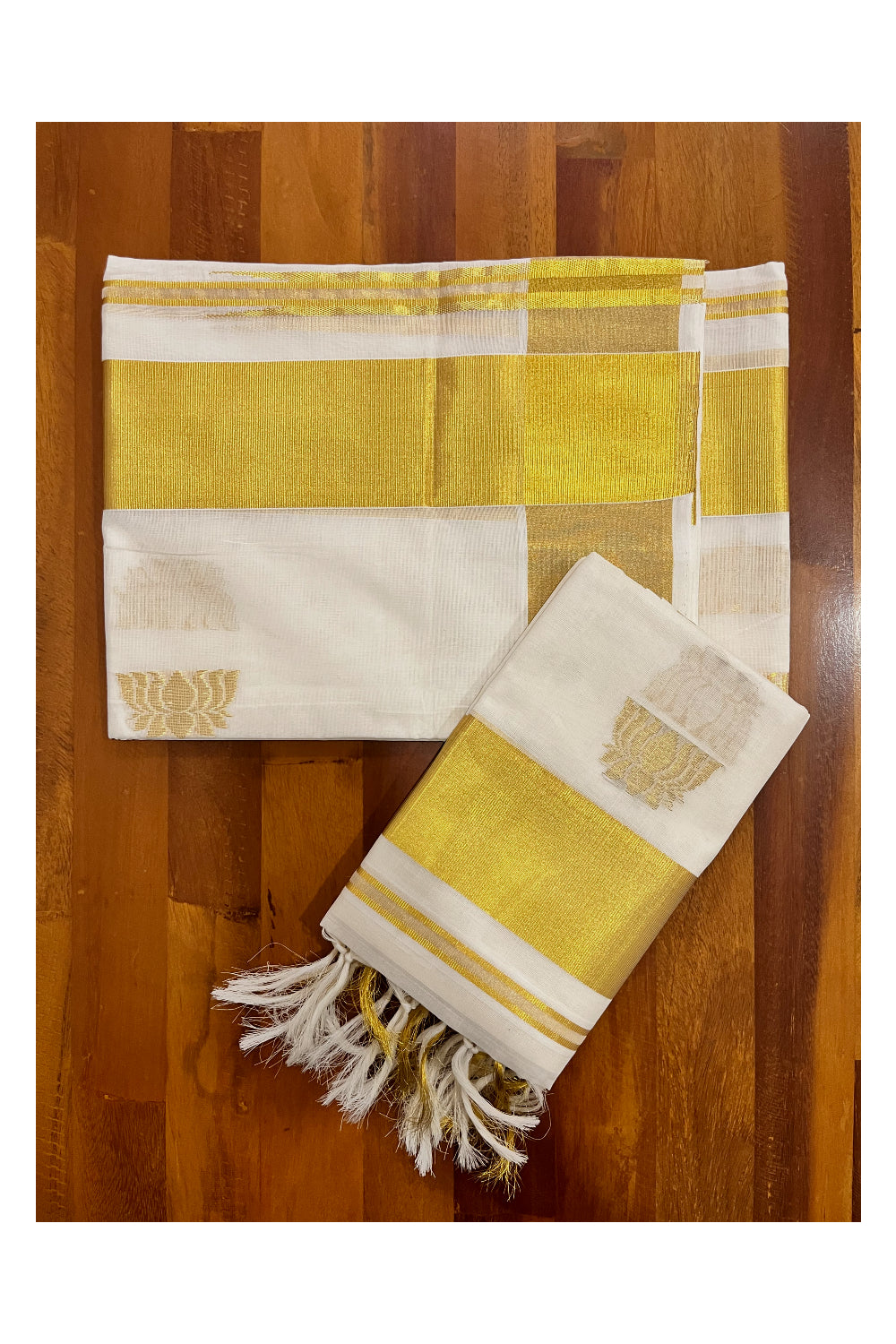 Southloom Handloom Premium Pure Cotton Kasavu Set Mundu (Mundum Neriyathum) with Lotus Woven Designs