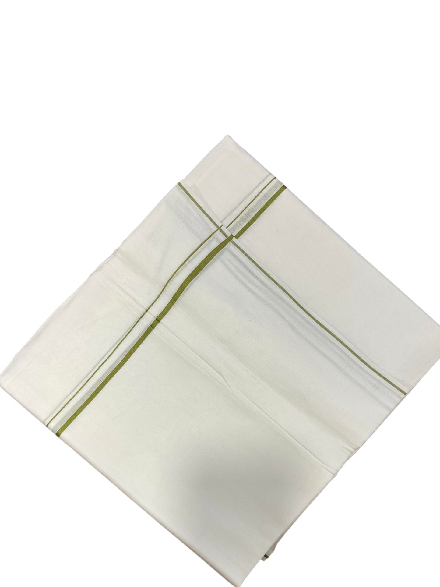 Pure White Cotton Double Mundu with  Green PuliyilaKara (South Indian Dhoti)