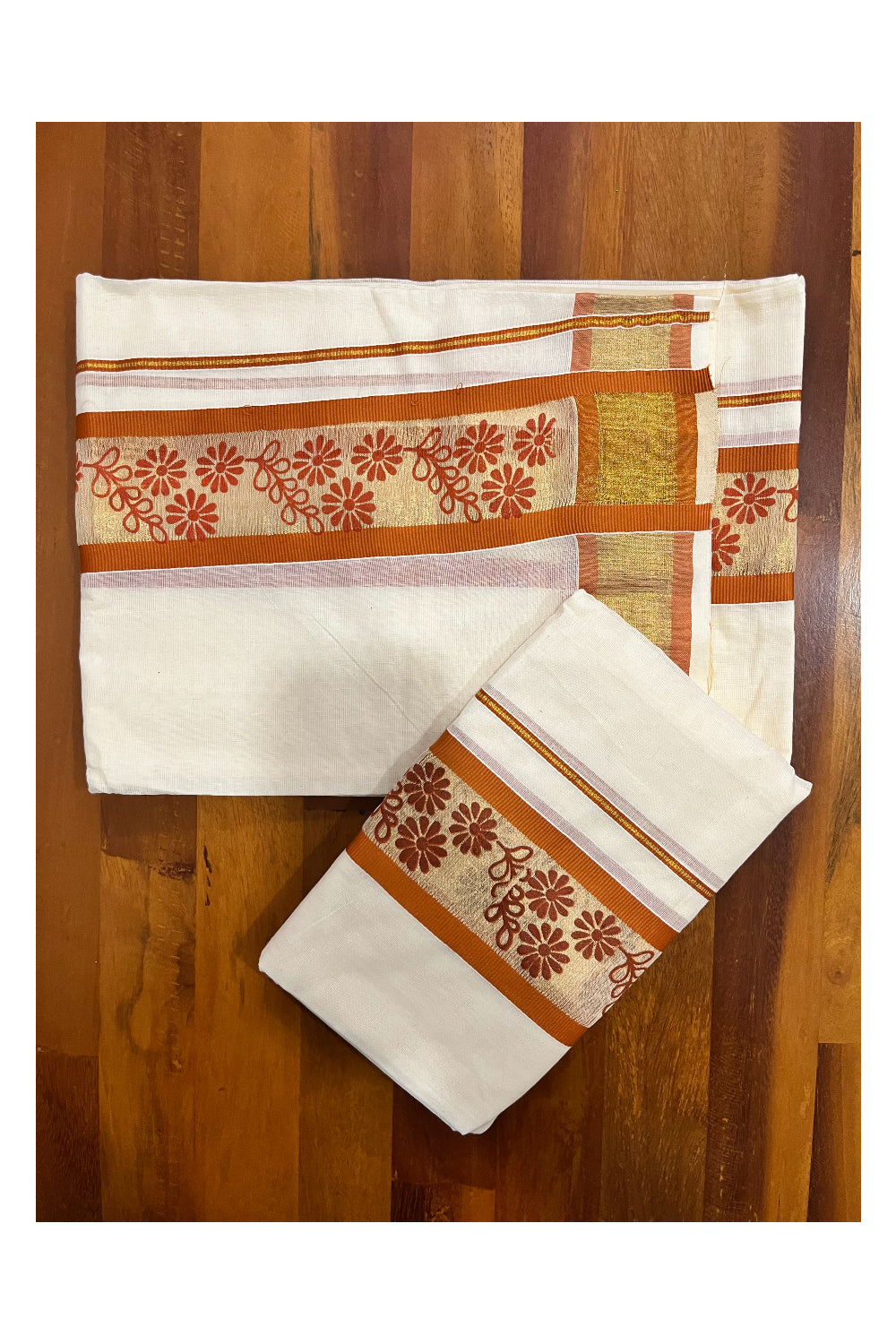 Kerala Pure Cotton Set Mundu Single (Mundum Neriyathum) with Orange Floral Block Prints on Border