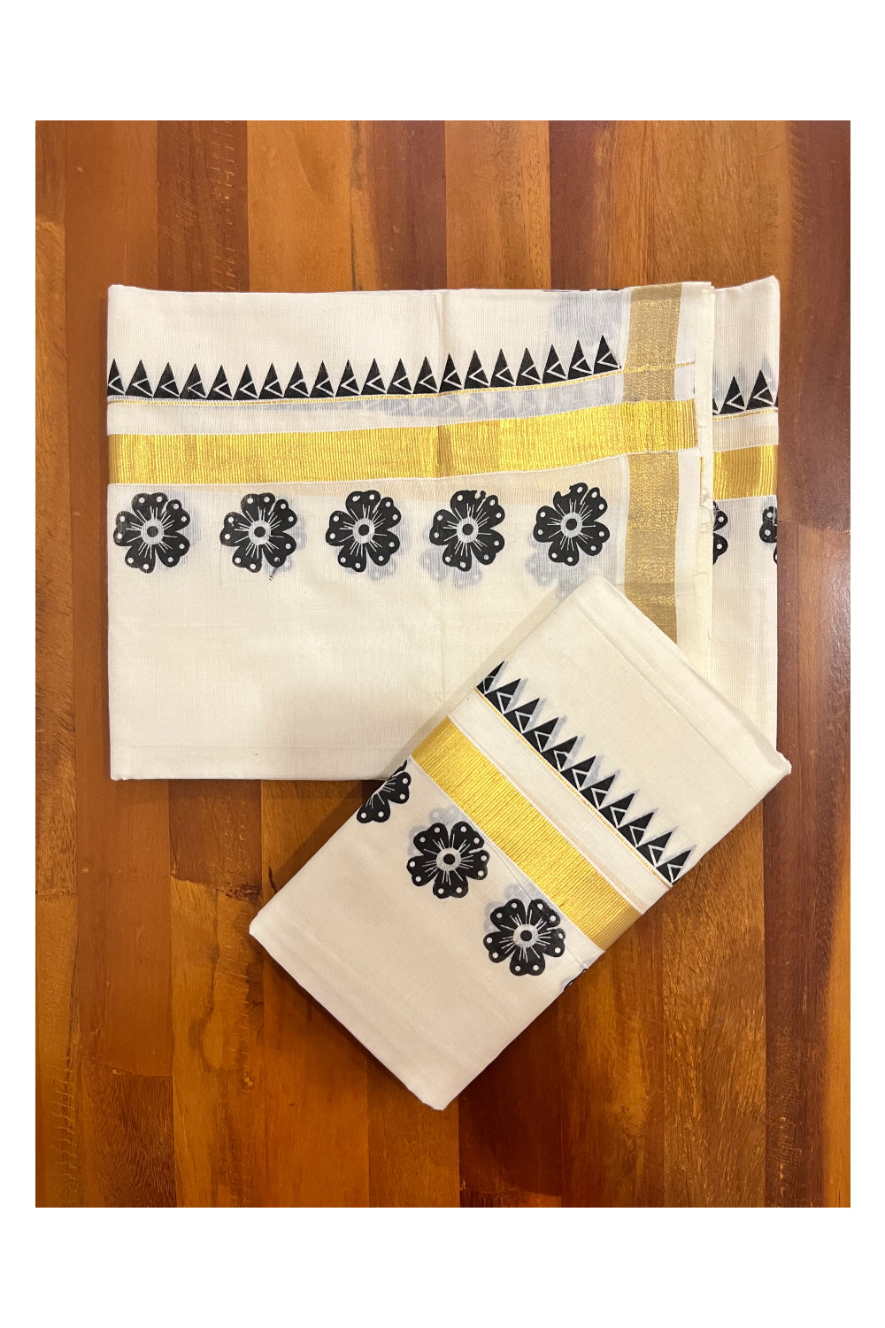 Kerala Pure Cotton Kasavu Set Mundu Single (Mundum Neriyathum) with Black Block Prints and Temple Border 2.80 Mtrs